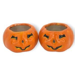 Set of 2 Vintage Halloween Pumpkin Jack O'lantern Candle Tee Light Holders